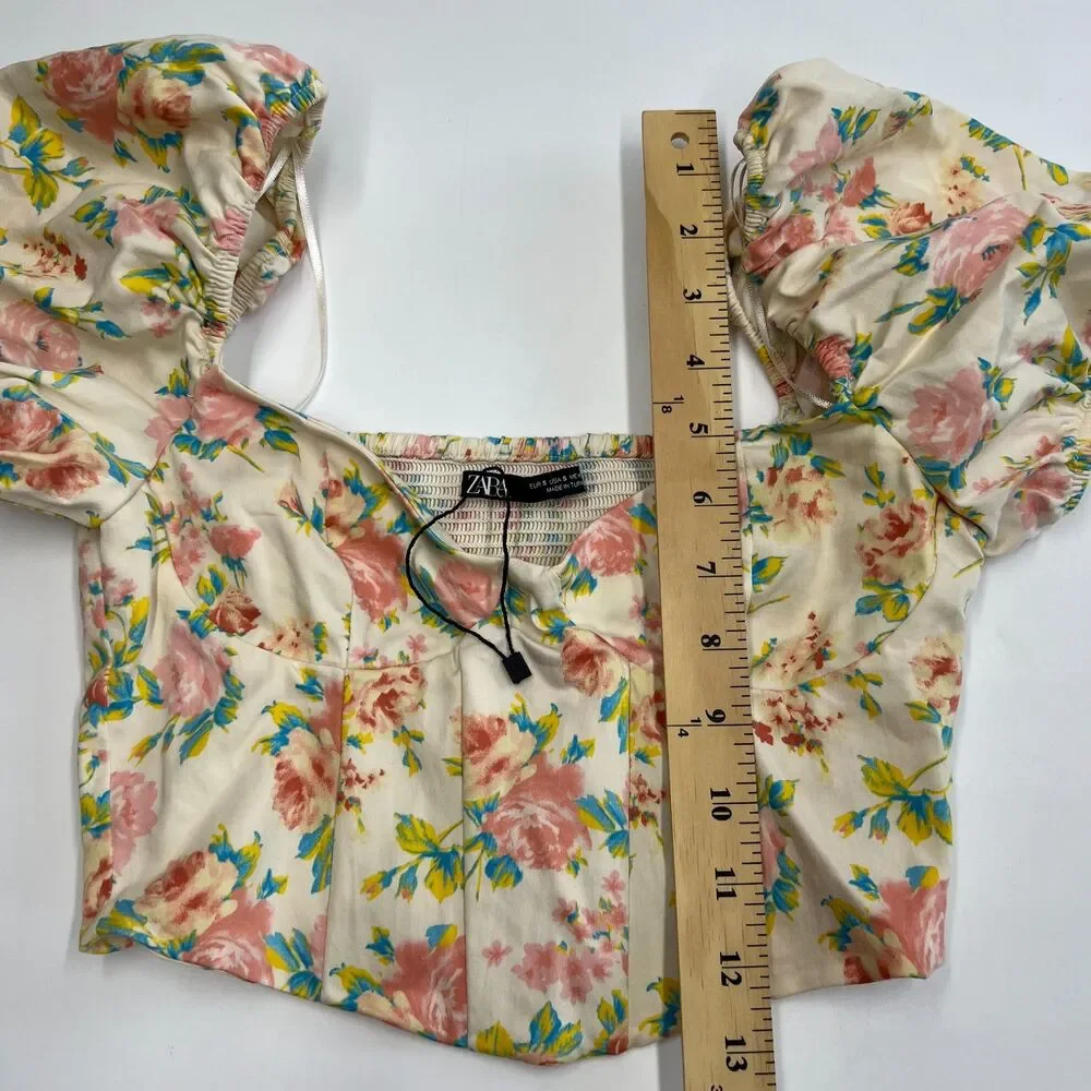 Zara Puff Sleeve Bustier Cropped Floral Corset Top Sz S NWOT Cottage, Boho